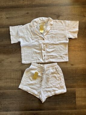 Love Notes Cream Short-Sleeve Button Front Swim Coverup Set